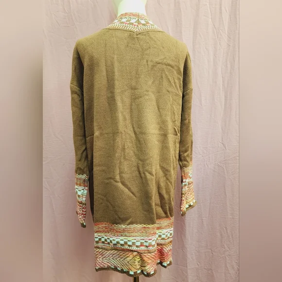 SHEIN LUNE Checkered & Geo Pattern Drop Shoulder Fringe Trim Duster Cardigan-(S) - Picture 6 of 10